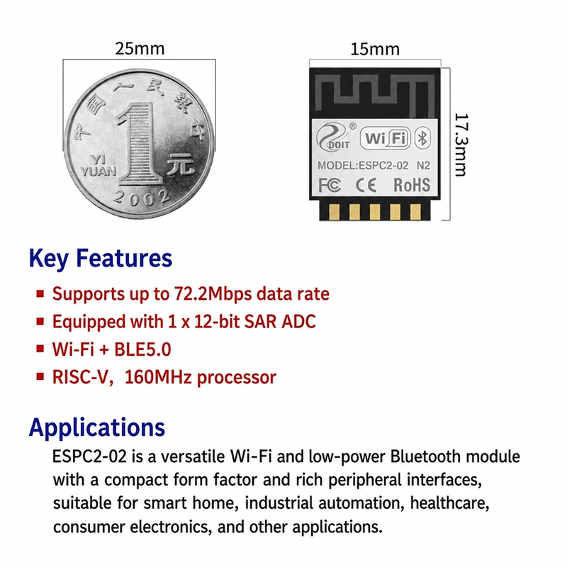 Espressif ESP32-C2 Series ESPC2-02 Module, Wi-Fi + Bluetooth, Compatible with 03-Series Modules