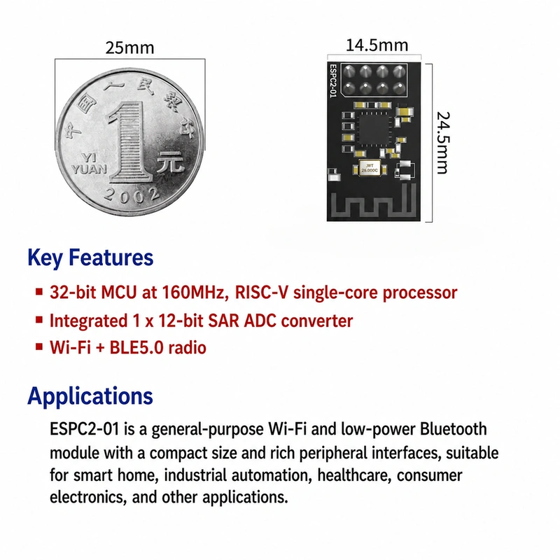 Espressif ESP32-C2 ESPC2-01 Module, Wi-Fi + Bluetooth, ESP8266 ESP-01 Pin Compatible