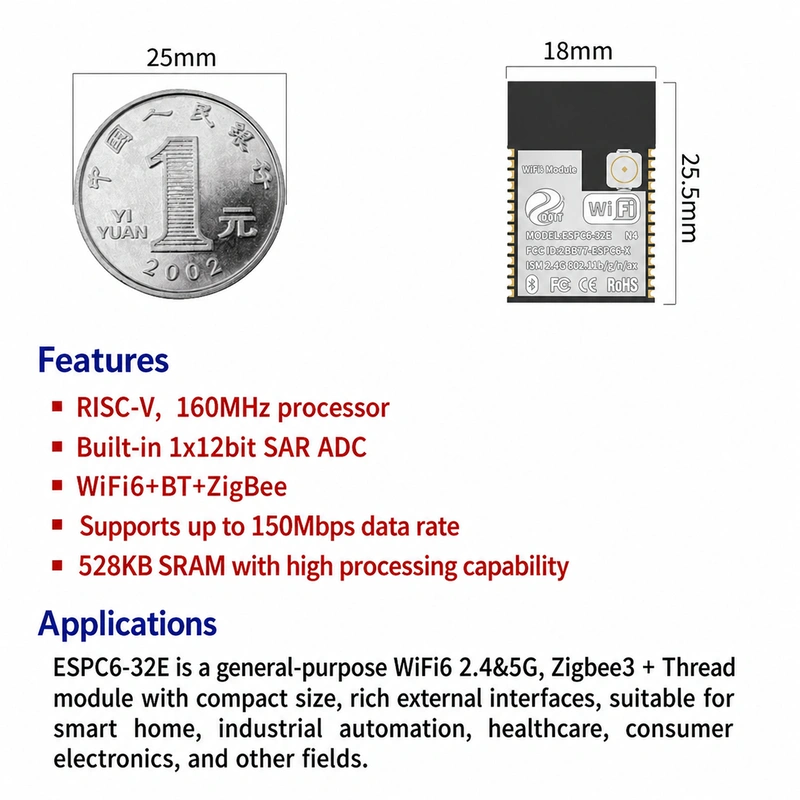 Espressif ESP32-C6 Series ESPC6-32E Module, Wi-Fi/Bluetooth/Zigbee, Compatible with Mainstream C6 Modules