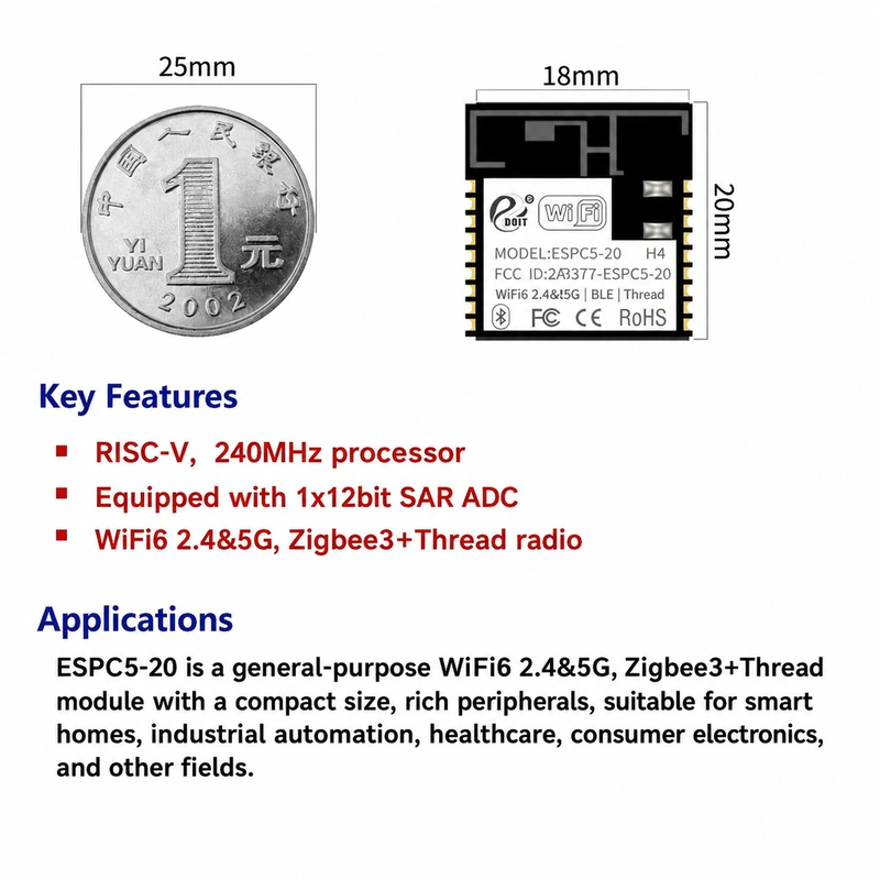 Espressif ESP32-C5 ESPC5-20 Module, Wi-Fi 6 2.4 GHz + 5 GHz + BLE, Compatible with C3-20 Modules
