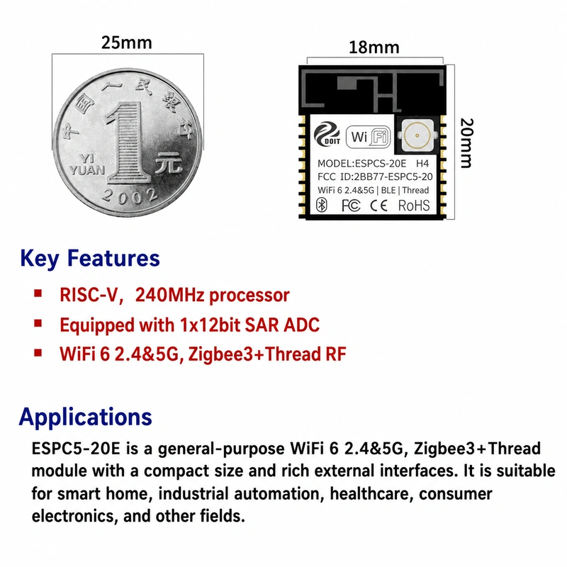 Espressif ESP32-C5 ESPC5-20E Module, Wi-Fi 6 2.4 GHz + 5 GHz + BLE, Compatible with C3-20E Modules