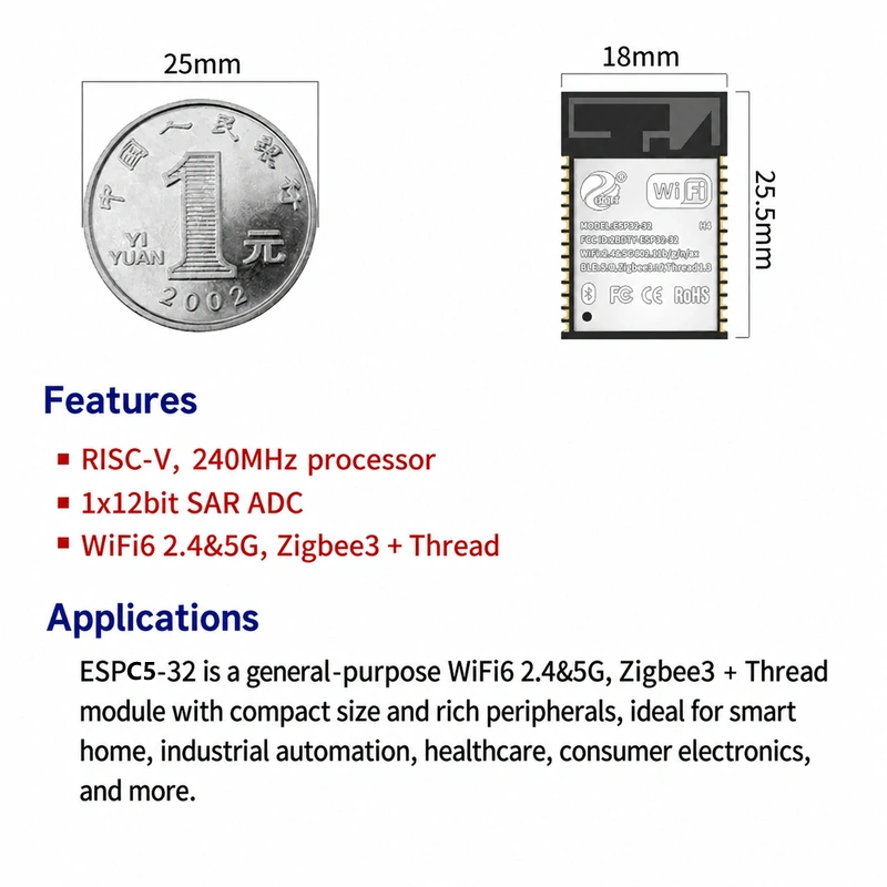 Espressif ESP32-C5 ESPC5-32 Module, Wi-Fi 6 2.4 GHz + 5 GHz + BLE, Compatible with C5-1 Series Modules
