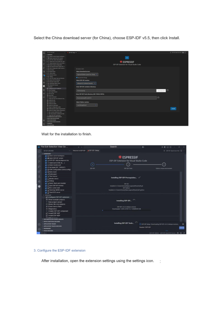 ESP-IDF installation server and version selection screen