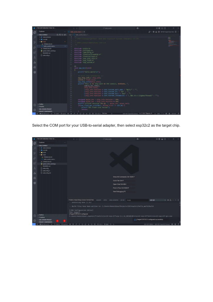 Selecting the serial port and esp32c2 target chip in VSCode