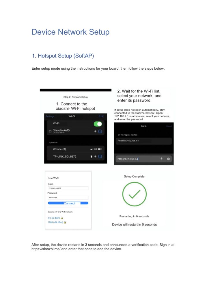 SoftAP hotspot connection, 192.168.4.1 setup page and success prompt