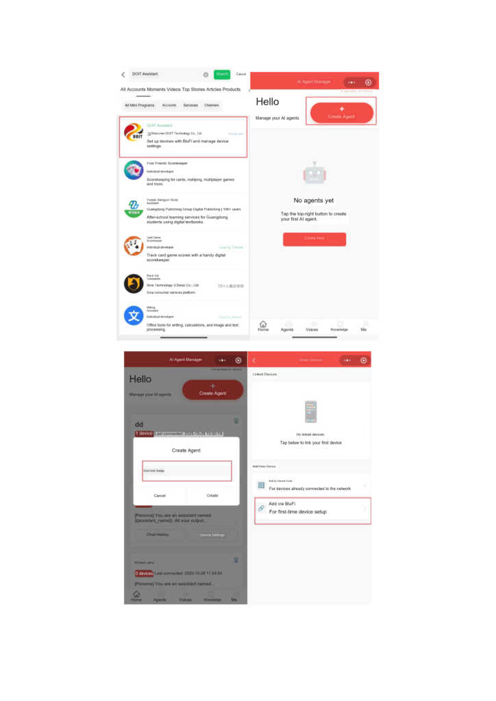 Finding DOIT Assistant, creating an agent and adding a device with BluFi