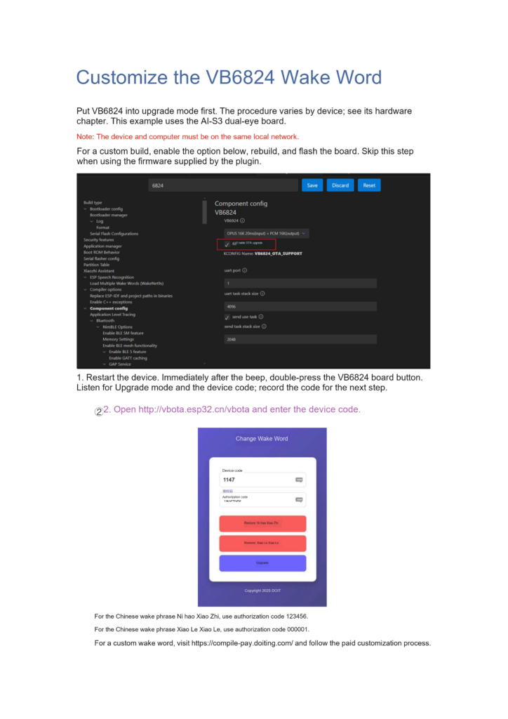 VB6824 OTA support setting and wake phrase update page