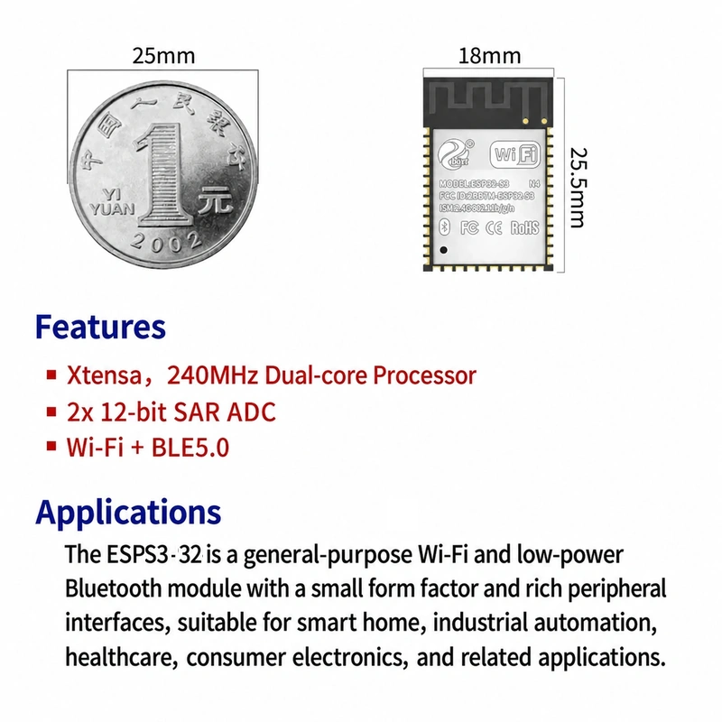 Espressif ESPS3 Series ESPS3-32 Module, Wi-Fi + Bluetooth, Compatible with Mainstream ESP32-S3 Modules