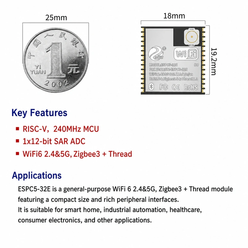 Espressif ESP32-C5 ESPC5-32E Module, Wi-Fi 6 2.4 GHz + 5 GHz + BLE, Compatible with C5-1U Modules