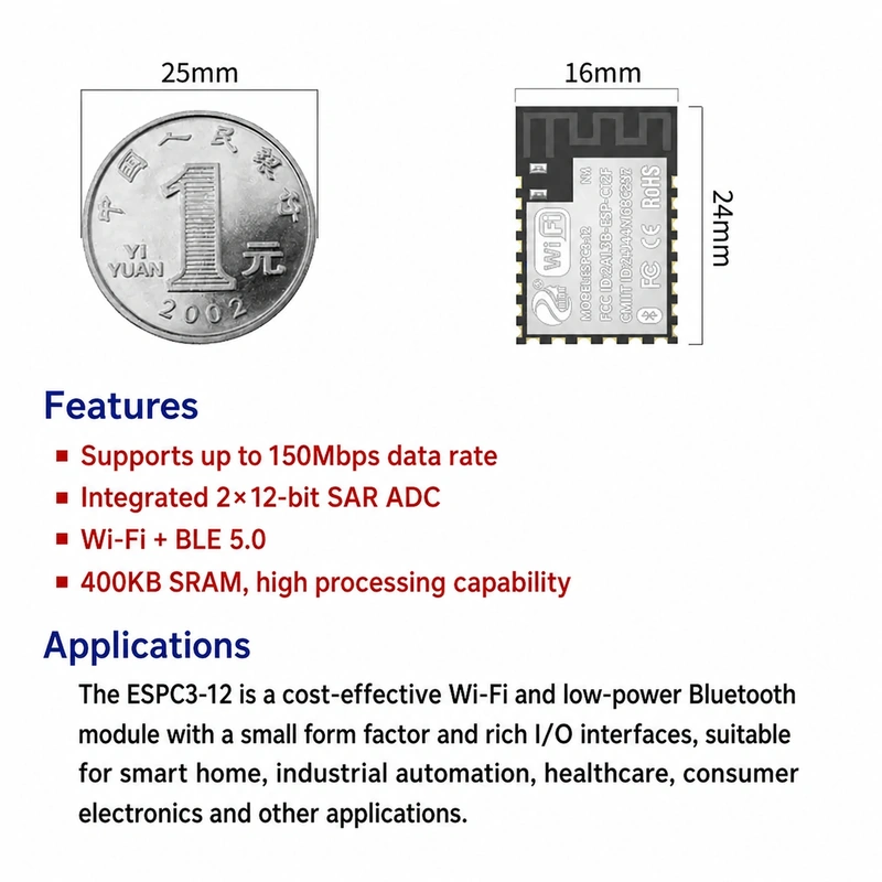 Espressif ESP32-C3 Series ESPC3-12 Module, Dual-Mode Wi-Fi + Bluetooth, Compatible with 12-Series Modules