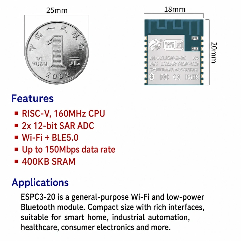 Espressif ESP32-C3 Series ESPC3-20 Module, Wi-Fi + Bluetooth, Compatible with 02-Series Modules