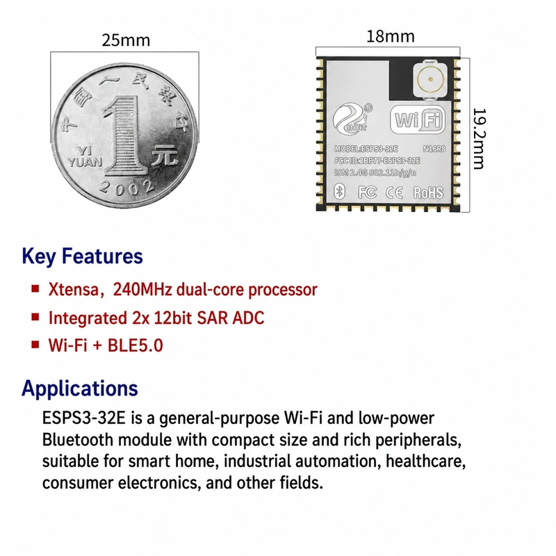 Espressif ESPS3 Series ESPS3-32E Module, Wi-Fi + Bluetooth, Compatible with Mainstream ESP32-S3 Modules