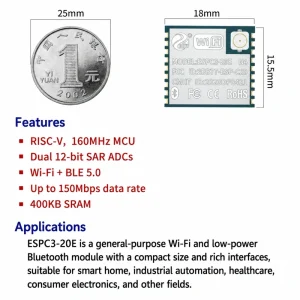 Espressif ESP32-C3 ESPC3-20E Module, Wi-Fi + Bluetooth, Compatible with 02U-Series Modules - Image 2
