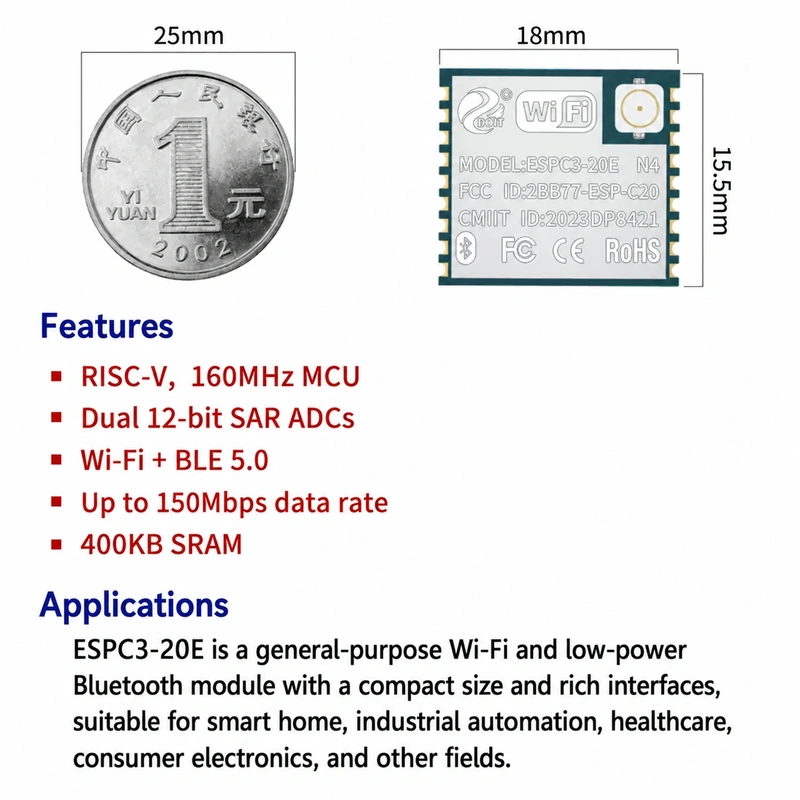 Espressif ESP32-C3 ESPC3-20E Module, Wi-Fi + Bluetooth, Compatible with 02U-Series Modules