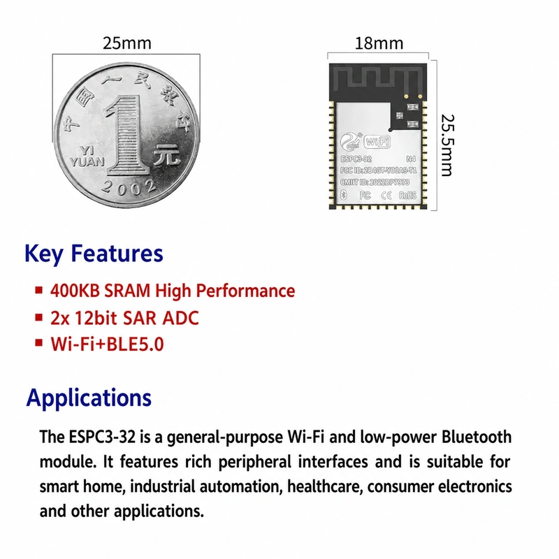 ESP32-C3 Series ESPC3-32 Module, Dual-Mode Wi-Fi + Bluetooth, Compatible with 32-Series Modules