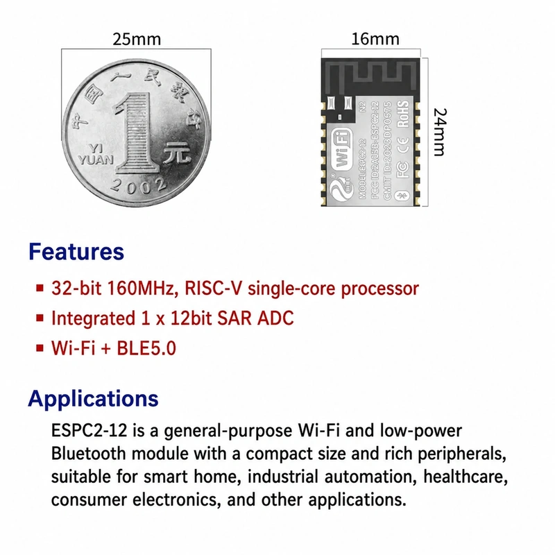 Espressif ESP32-C2 ESPC2-12 Module, Wi-Fi + Bluetooth, Compatible with 01/04/12F-Series Modules
