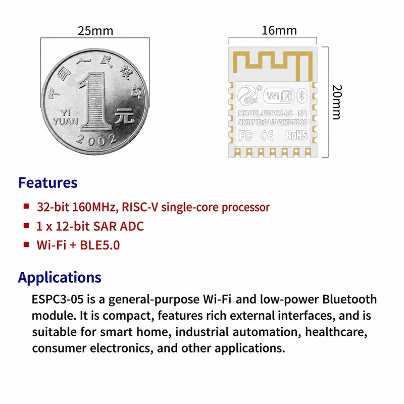 Espressif ESP32-C3 ESPC3-05 Module, Dual-Mode Wi-Fi + Bluetooth, Compatible with 05-Series Modules