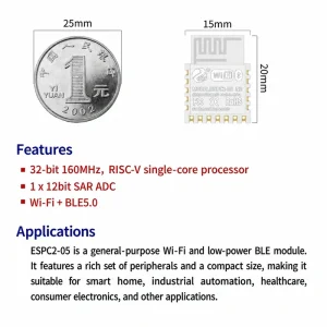 Espressif ESP32-C2 Series ESPC2-05 Module, Wi-Fi + Bluetooth, Compatible with 05-Series Modules - Image 2