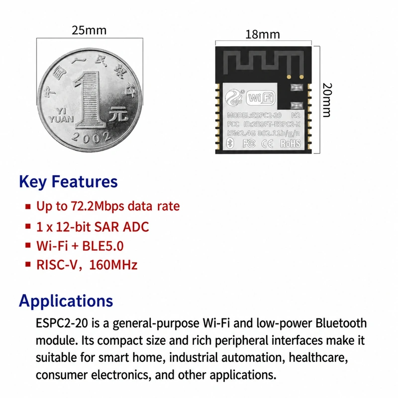 Espressif ESP32-C2 Series ESPC2-20 Module, Wi-Fi + Bluetooth, Compatible with 02C-Series Modules