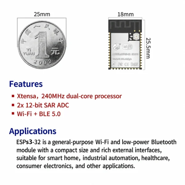 Espressif ESPS3 ESPS3-32-N16R8 Module, 2-in-1 Antenna, Compatible with Mainstream ESP-S3 Modules