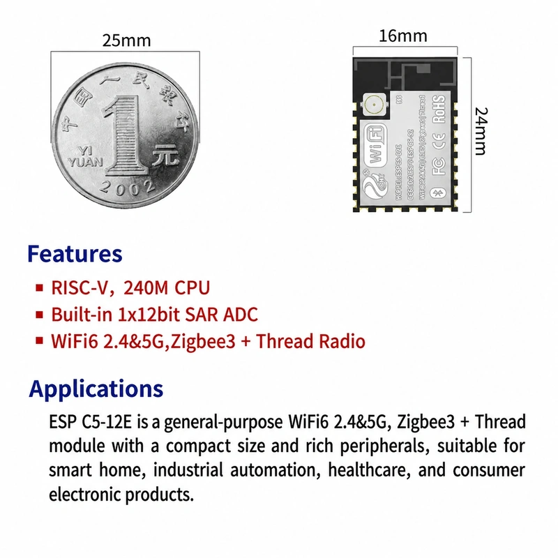 Espressif ESP32-C5 ESPC5-12E Module, Wi-Fi 6 2.4 GHz + 5 GHz + BLE, Compatible with 12-Series Modules
