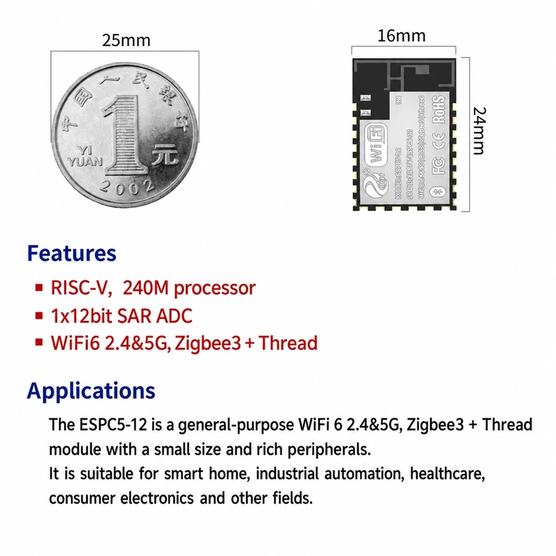 Espressif ESP32-C5 ESPC5-12 Module, Wi-Fi 6 2.4 GHz + 5 GHz + BLE, Compatible with 12-Series Modules